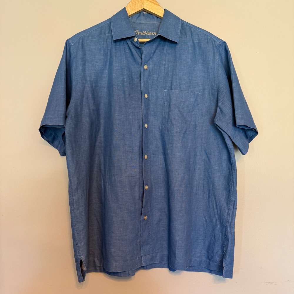 Caribbean‎ Mens Blue Linen Cotton Blend Short Sleeve Button Down Shirt Large